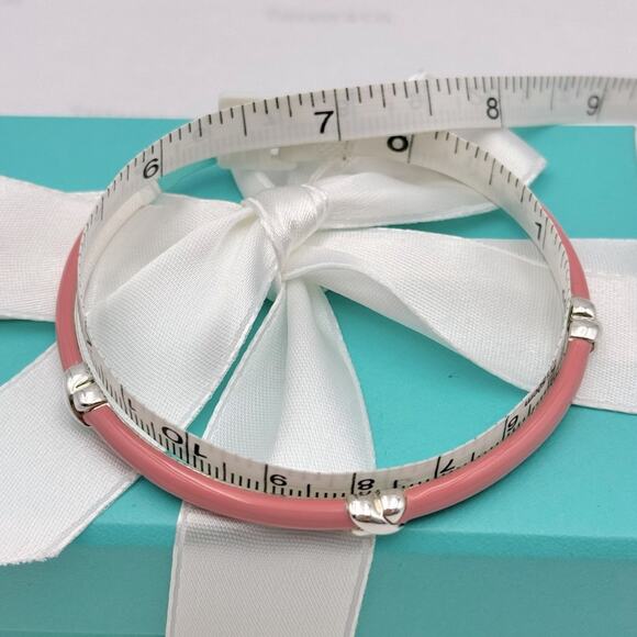 Tiffany & Co. Pink Enamel Signature X Bangle Bracelet Sterling Silver Gift Box - Picture 6 of 13